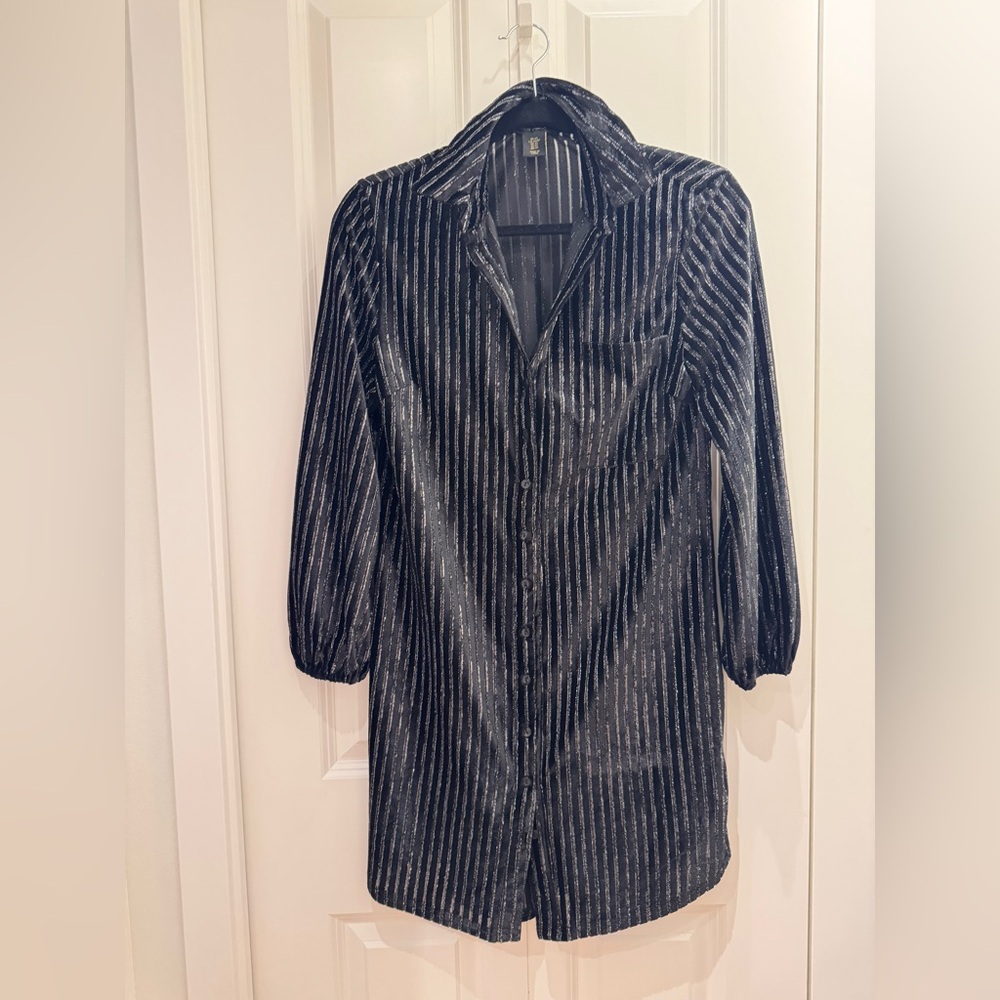 House of Harlow 1960 Black and Silver Striped Shirt Dress